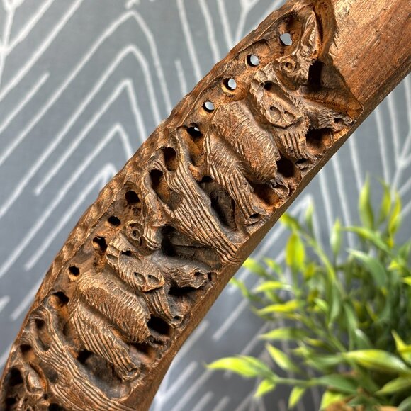 Vintage Hand Carved Wood Elephant Tusk Bookends or Sculptures on Brass Bases - Picture 14 of 17